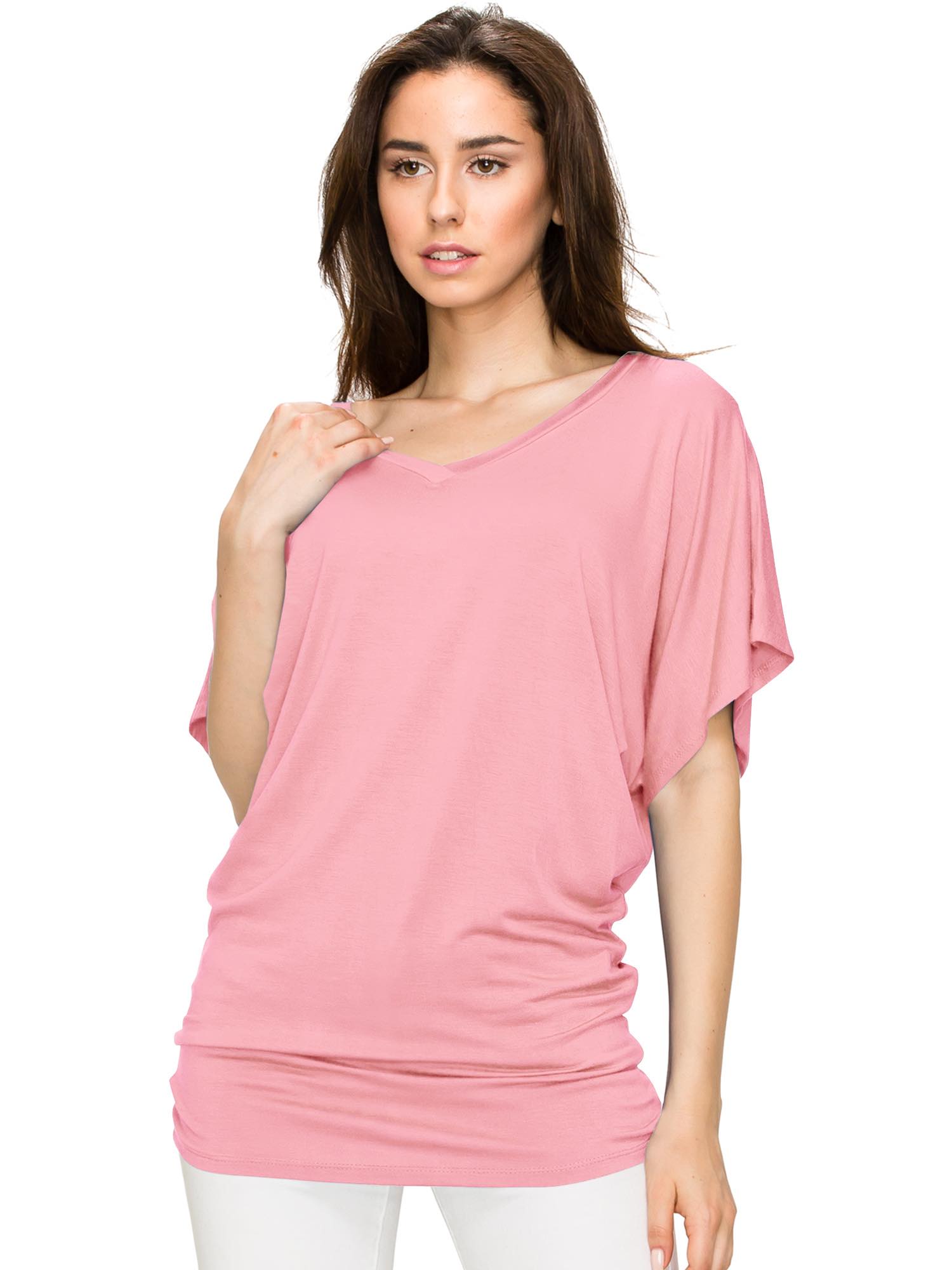 Women's Solid Short Sleeve V Neck Dolman Top Daily Haute