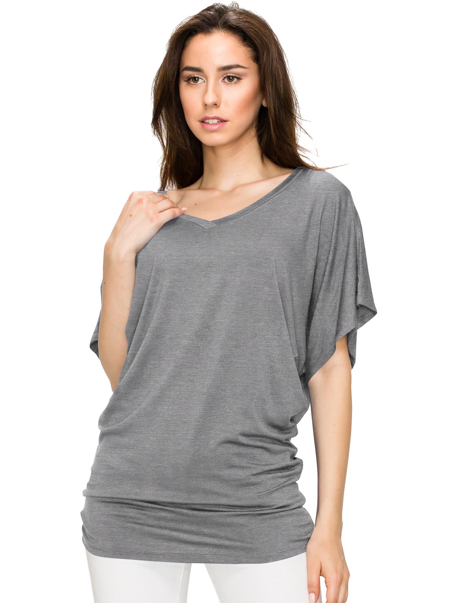 Women's Solid Short Sleeve V Neck Dolman Top Daily Haute