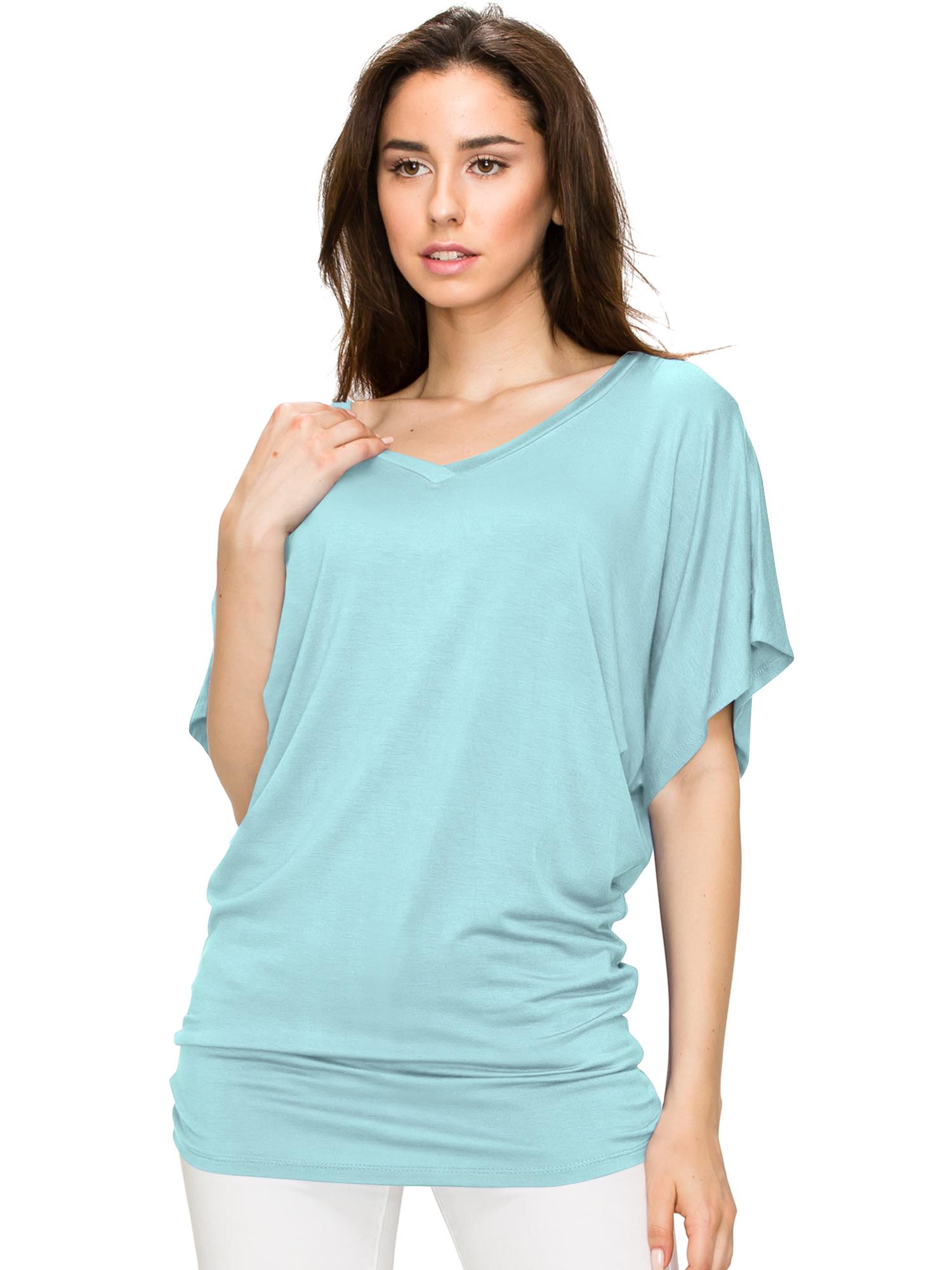 Women's Solid Short Sleeve V Neck Dolman Top Daily Haute