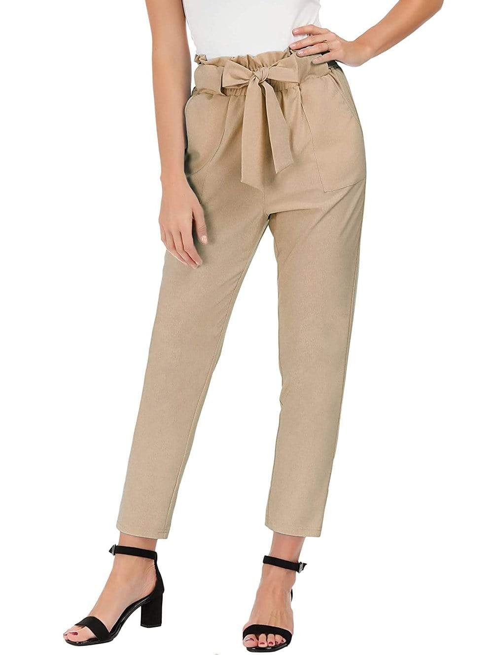 Women's Tie Belt High Paper Bag Waist Slim Pull On Pant Daily Haute