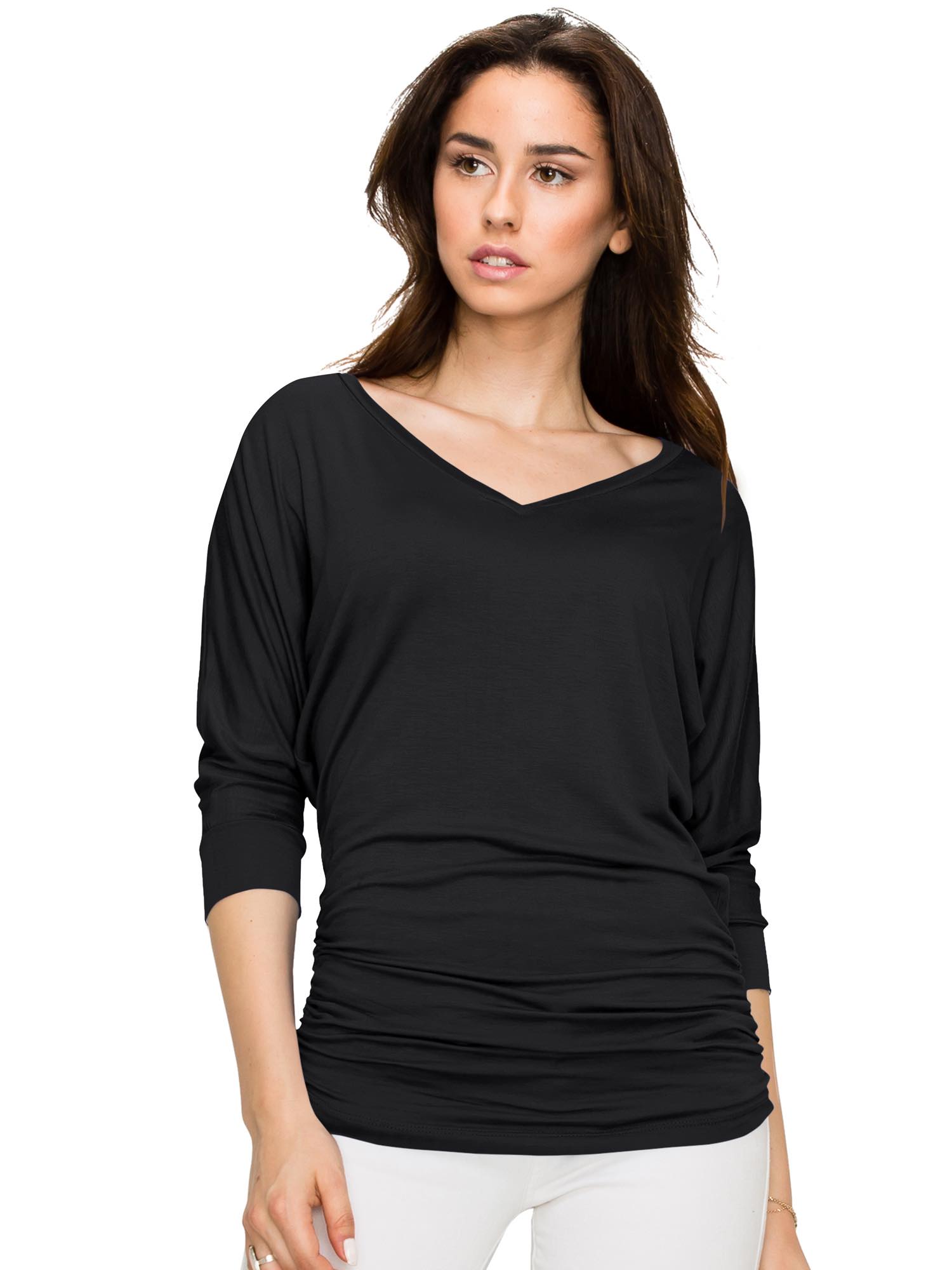 Women's V Neck 3/4 Sleeve Drape Dolman Shirt Top with Side Shirring Daily Haute