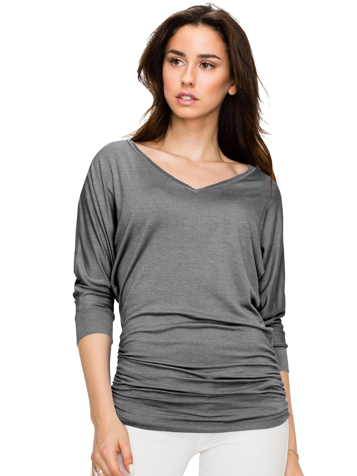 Women's V Neck 3/4 Sleeve Drape Dolman Shirt Top with Side Shirring Daily Haute