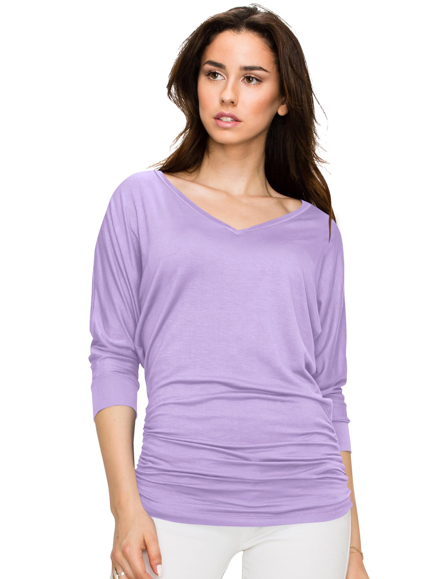 Women's V Neck 3/4 Sleeve Drape Dolman Shirt Top with Side Shirring