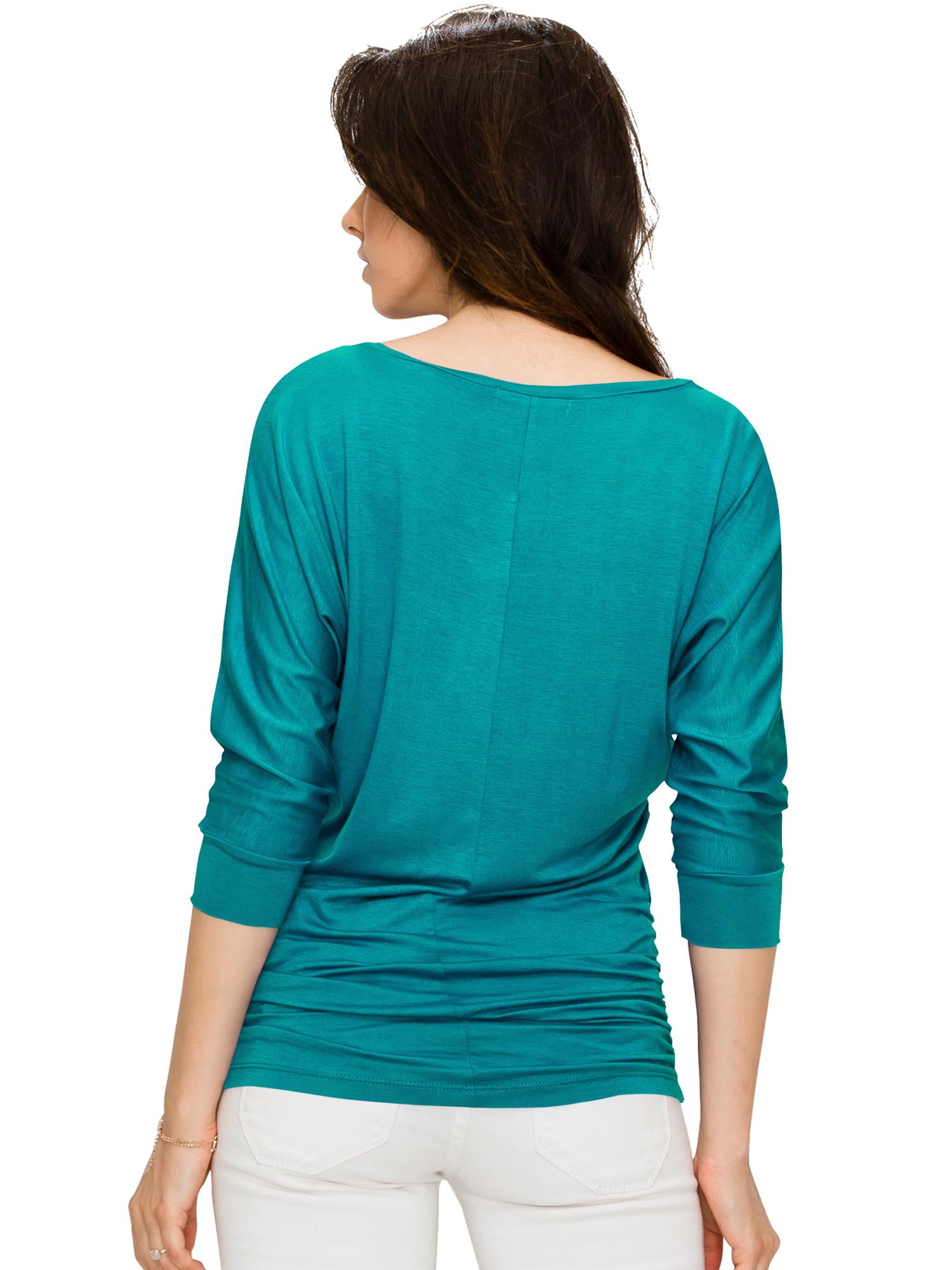 Women's V Neck 3/4 Sleeve Drape Dolman Shirt Top with Side Shirring