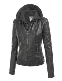 Womens Faux Leather Motorcycle Jacket with Hoodie Daily Haute