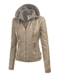 Womens Faux Leather Motorcycle Jacket with Hoodie Daily Haute