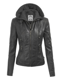 Womens Faux Leather Motorcycle Jacket with Hoodie Daily Haute