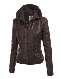 Womens Faux Leather Motorcycle Jacket with Hoodie Daily Haute