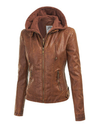 Womens Faux Leather Motorcycle Jacket with Hoodie Daily Haute