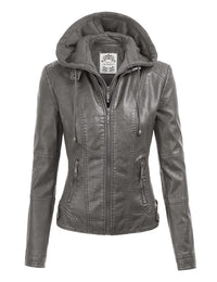 Womens Faux Leather Motorcycle Jacket with Hoodie Daily Haute