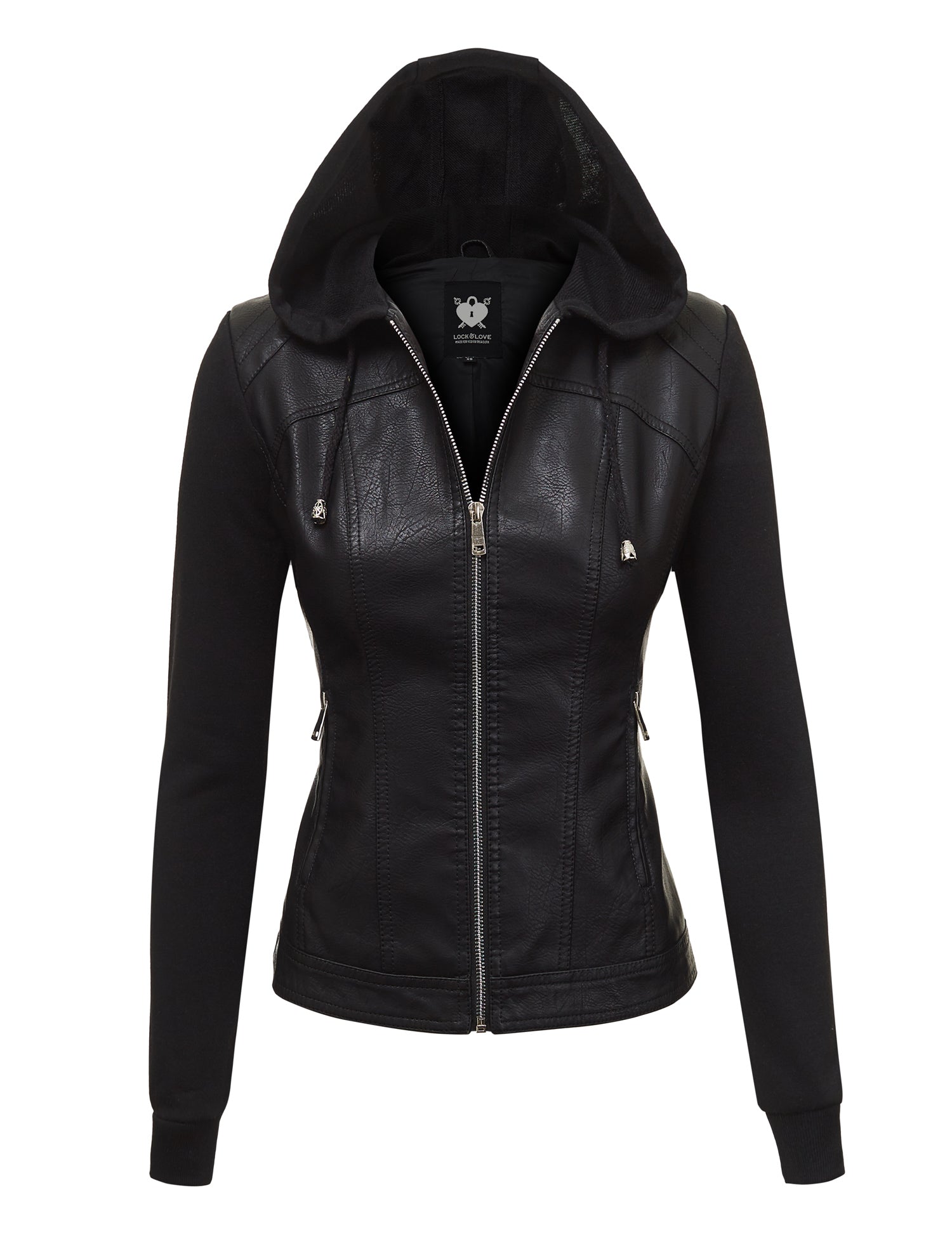 Womens Lock & Love Faux Leather Full Zip Hoodie Sweatshirt Jacket Daily Haute