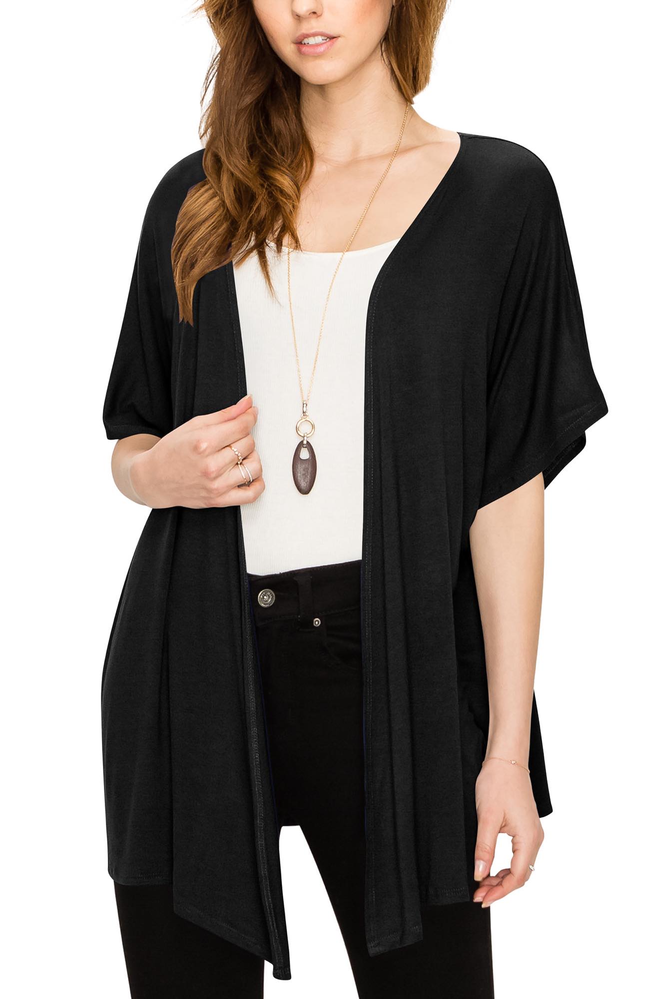 Womens Short Sleeve Open Front Loose Kimono Style Cardigan Daily Haute